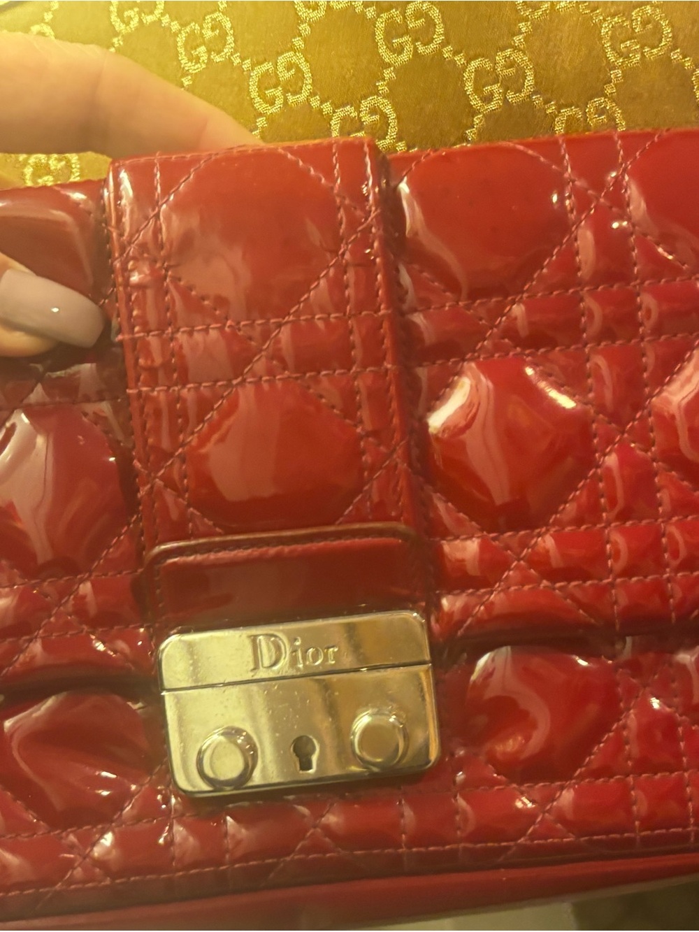 COA✨Dior Glossy Patent Cannage New Lock Pouch Crossbody in Crimson - Picture 6 of 8